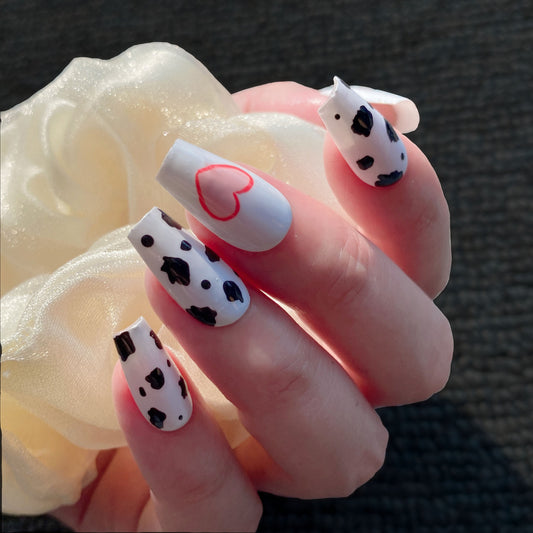 Hand Painted Cow Pattern Wearable Nails
