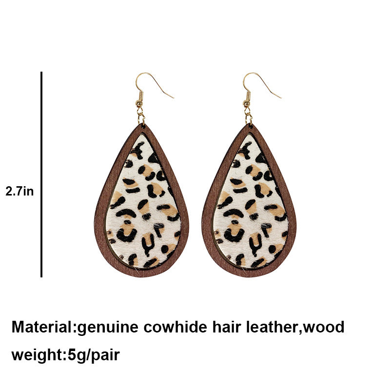 Bohemian Cow Pattern Water Droplet Shaped Wooden Earrings