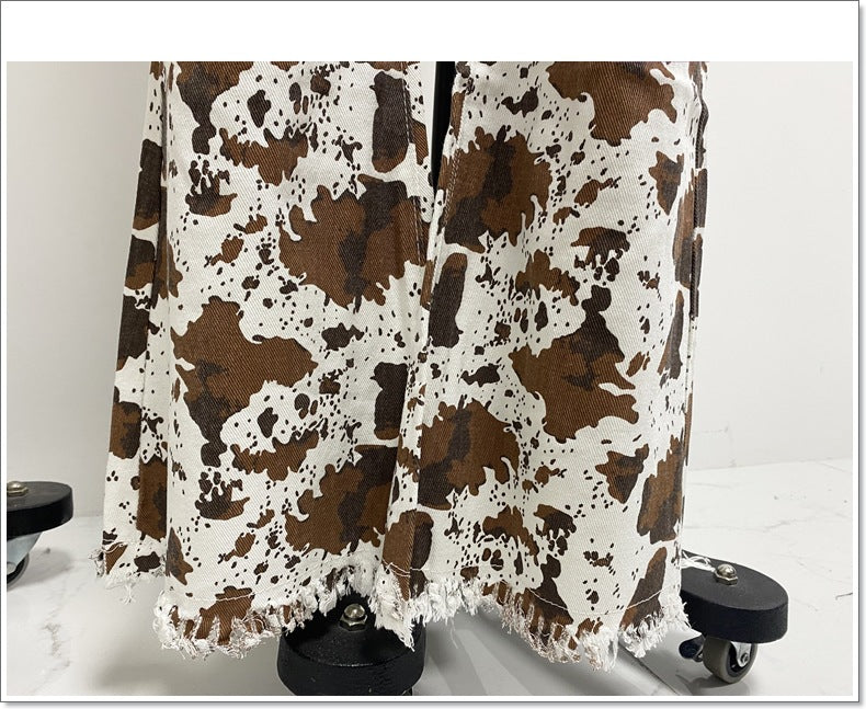 Women's Jeans White Bottom Printed Brown High Waisted Flared Pants