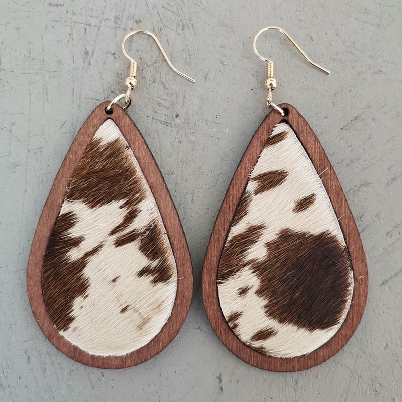 Bohemian Cow Pattern Water Droplet Shaped Wooden Earrings