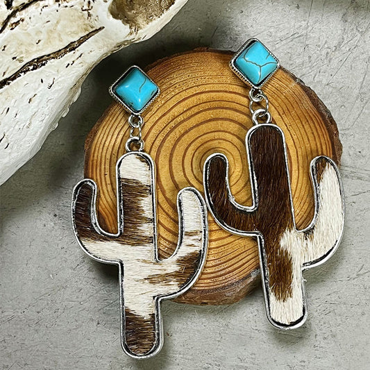 Alloy Cactus Turquoise Western Denim Earrings
