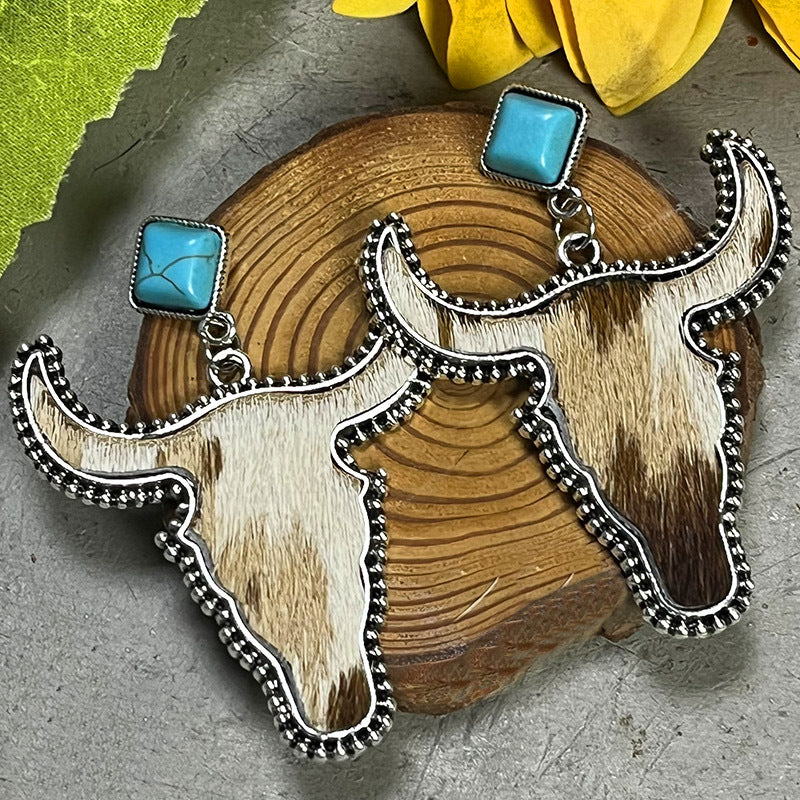 Bohemian Style Cow Head Style Turquoise Western Earrings