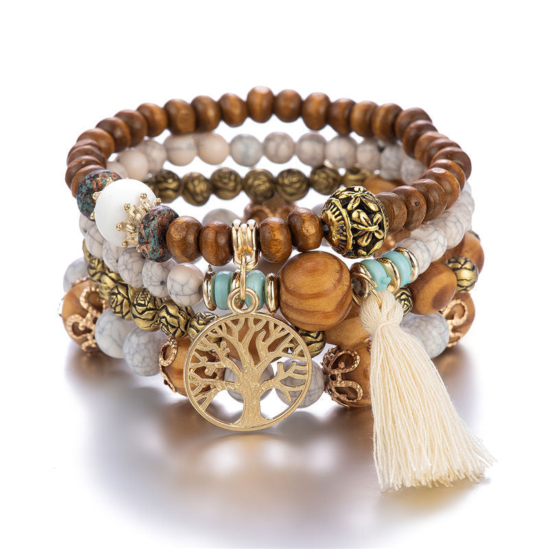 Fashion Tree Of Life Multi Layer Wooden Bead Beaded Bracelet