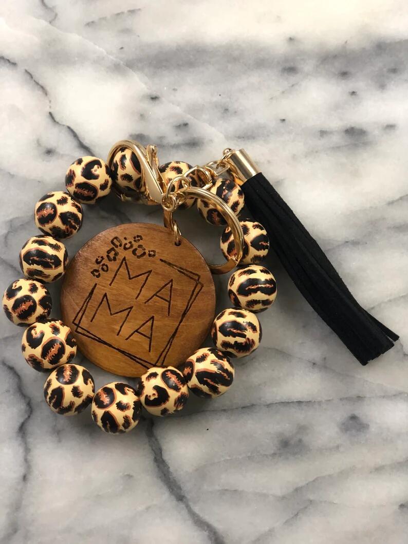 Wooden Pendant with Leopard Pattern Wood Bead Tassel Keychain Bracelet