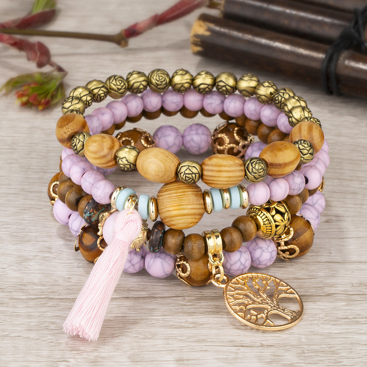 Fashion Tree Of Life Multi Layer Wooden Bead Beaded Bracelet